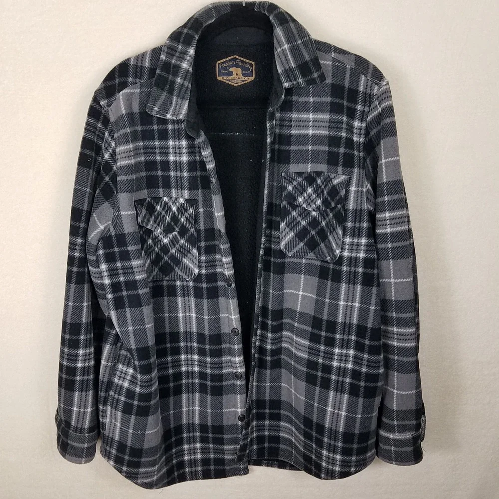 Freedom Foundry Plaid Shirt Jacket Mens XL Gray Black Excellent Sherpa Lined